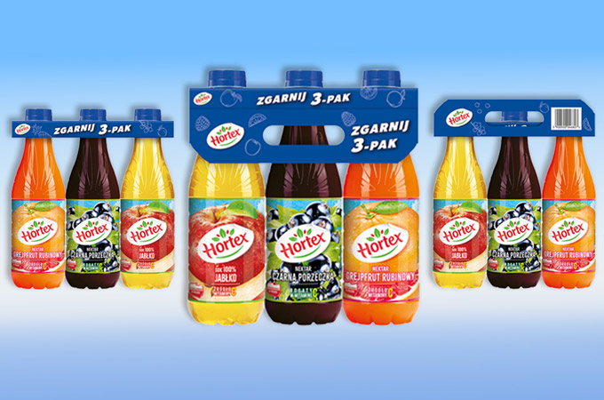 Criação de uma embalagem multipack reciclável para a Hortex, com sede na Polônia, para apoiar sua linha de bebidas e sucos, projetada para atender aos padrões PPWR e aos principais requisitos de varejo.