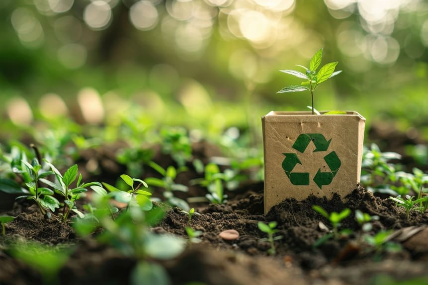 Brotes verdes creciendo en la tierra junto a un empaque de cartón con el símbolo de reciclaje. 