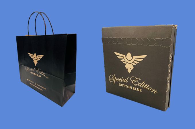 Bolsa de papel y caja para ecommerce cotton blue