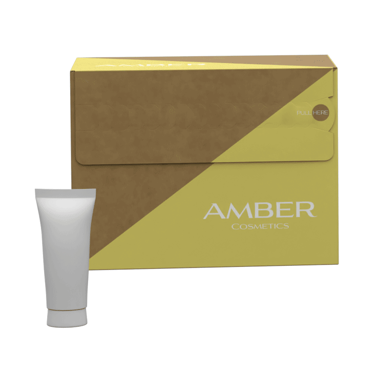 Emballage ecommerce type coffre avec ouverture facile fermé avec des produits de beauté